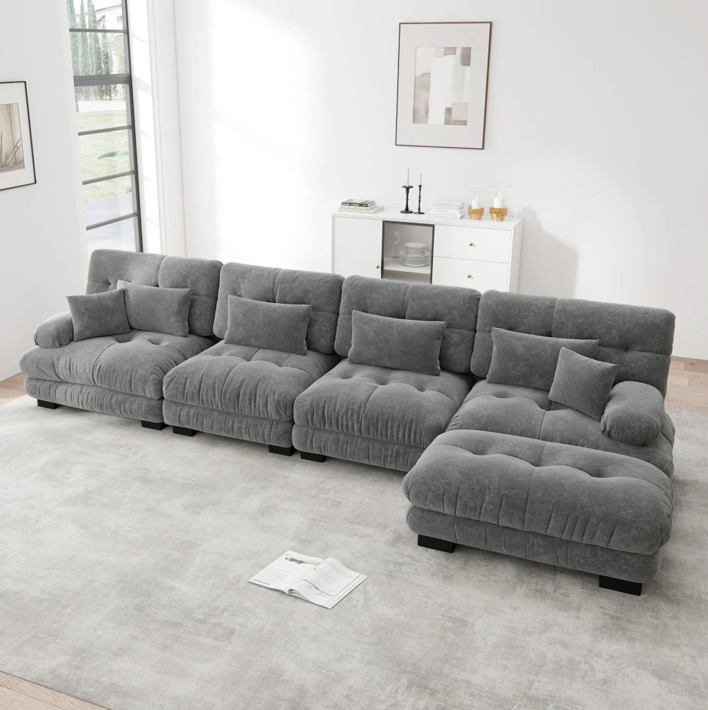 Divano modulare 4 posti con ottomane mobili 406x145x81 cm in ciniglia grigia