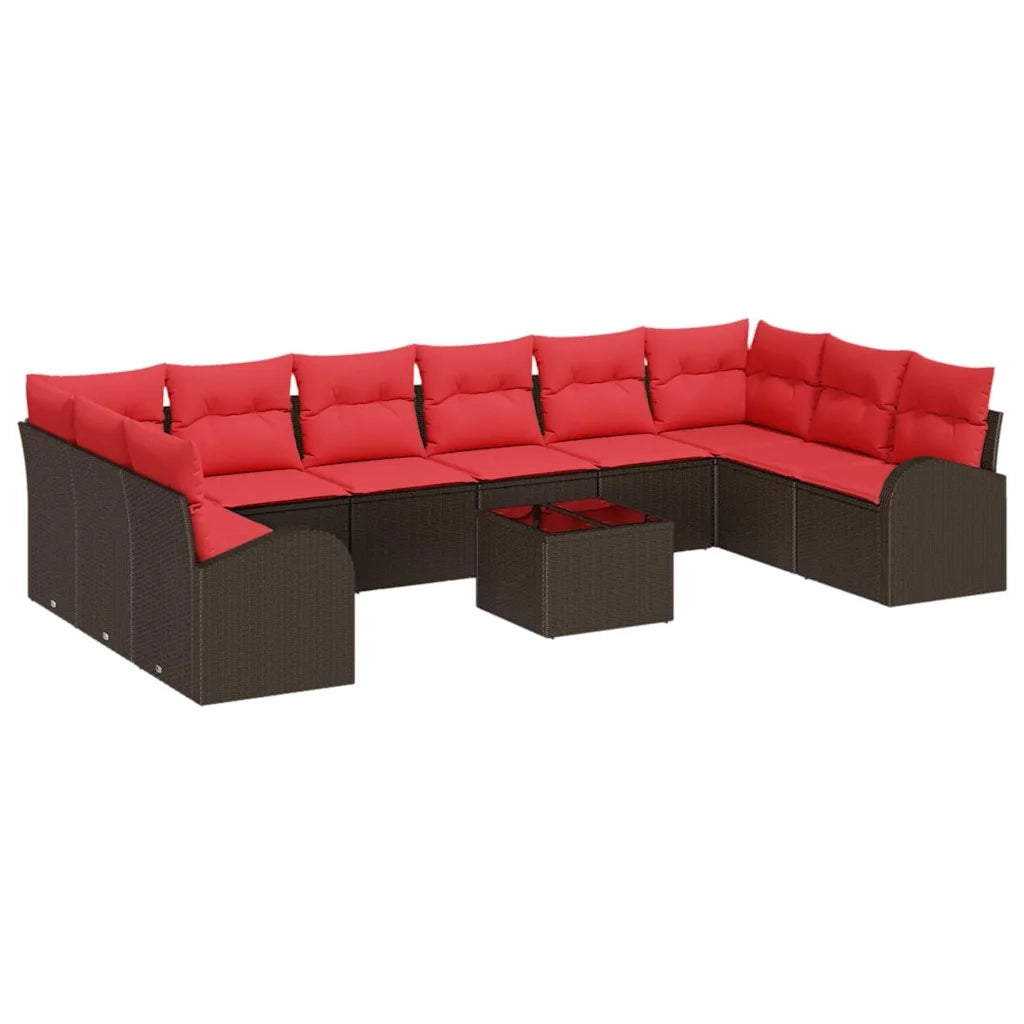 Set Divano da Giardino 11 pcs Marrone e Rosso polyrattan