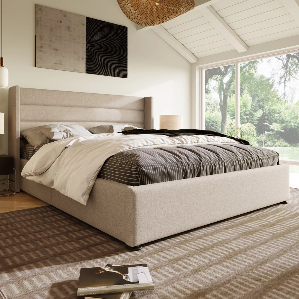 Letto matrimoniale contenitore 140x200 cm in lino beige con rete sollevabile e testiera imbottita