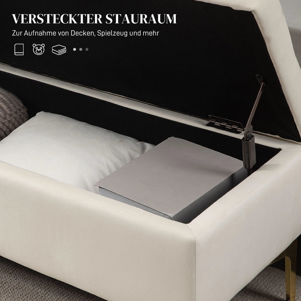 Panca contenitore imbottita con vano nascosto e gambe in metallo dorato, in poliestere beige 120 × 44 × 44,5 cm