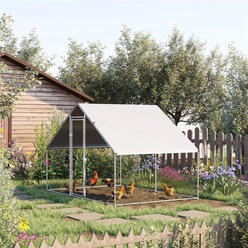 POLLAIO DA GIARDINO CON TELAIO ZINCATO, COPERTURA IMPERMEABILE E RETE ESAGONALE, 3X2X2M, ARGENTO