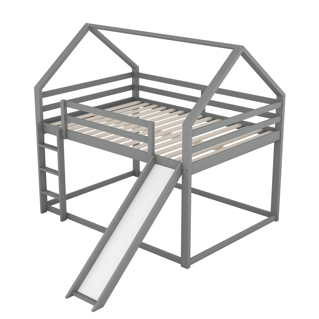Letto a Castello Casetta 4 Posti con Scivolo e Scala 140×200 cm e 140×200 cm; senza Materasso; Grigio