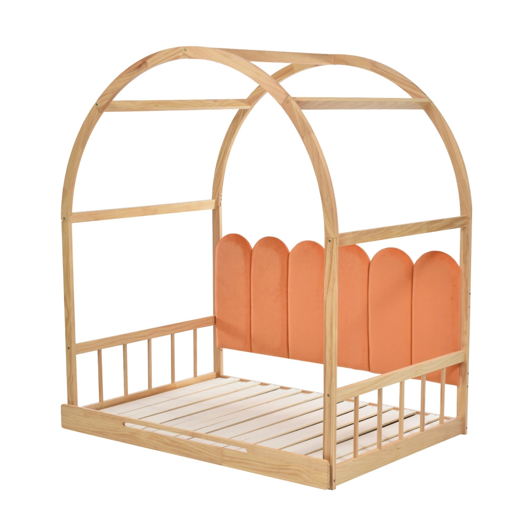 Letto Arco Estendibile per Bambini ¨C MINIMAL ¨C Pino Naturale, Velluto Arancione, 140x100/140x200