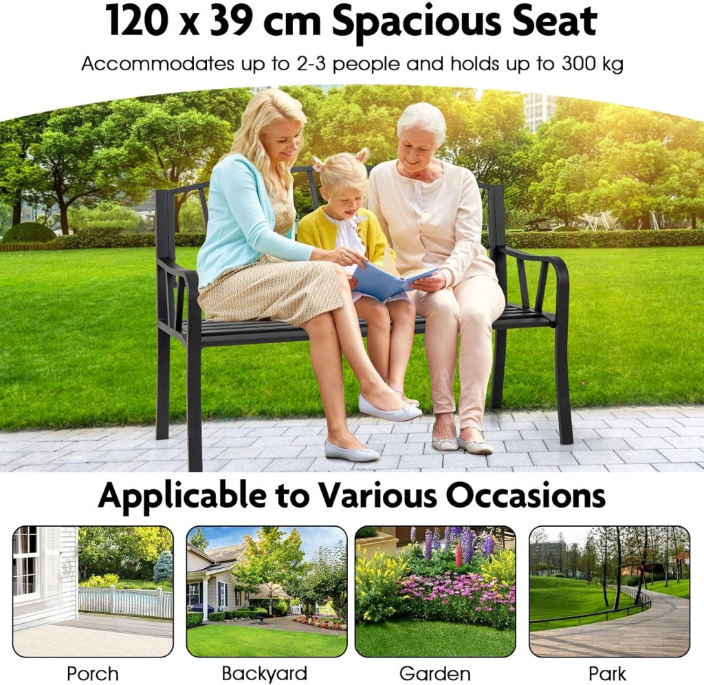 Panca esterna da giardino, seduta a doghe per 2-3 persone, capacità 300 kg, schienale semplice, braccioli curvi, panca da giardino in metallo robusto per terrazza, parco (129 x 53 x 93 cm)