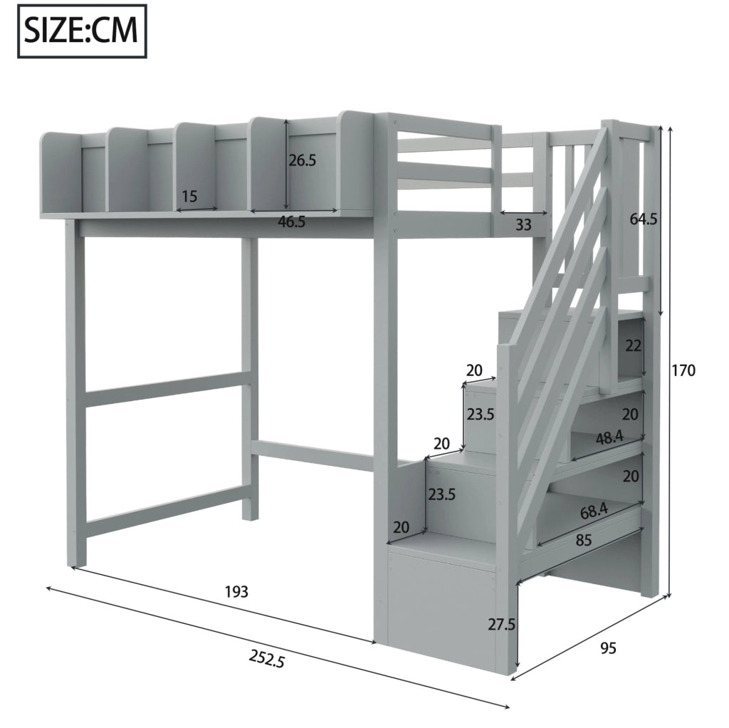 Letto a soppalco 90x200 cm grigio in legno con LED e scala