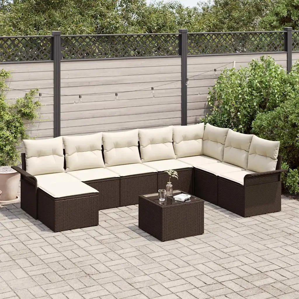 Set Divano da Giardino con cuscino 9 pcs Marrone Poly Rattan
