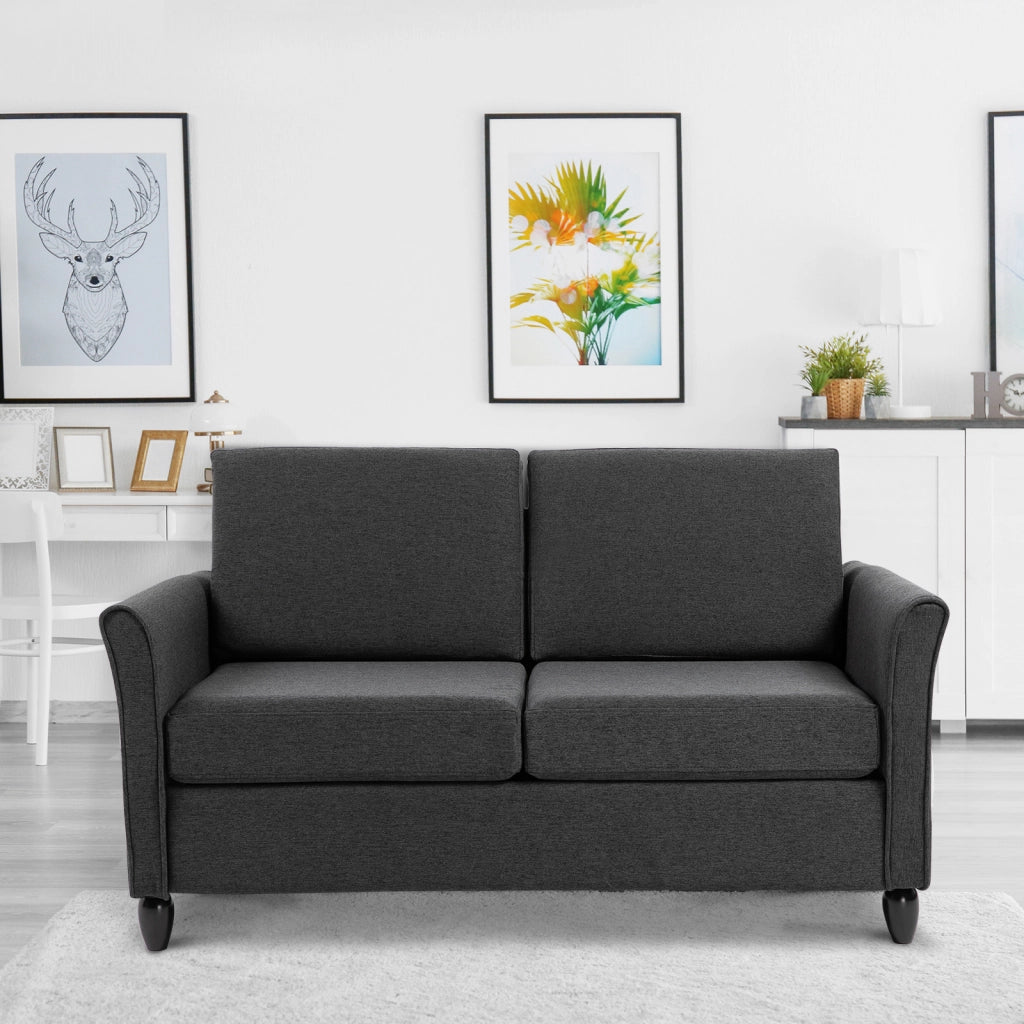 Divano 2 Posti con Cuscini Rimovibili in Tessuto Effetto Lino ¨C zephmum ¨C Grigio Scuro e Nero 141x70x78 cm