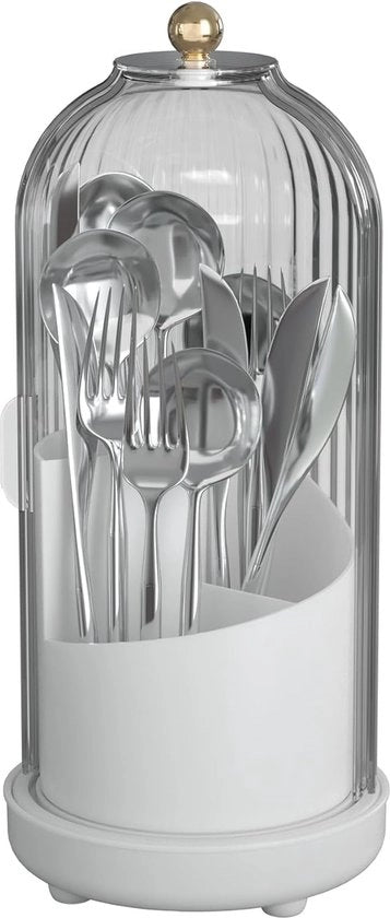 Organizzatore di Cucina con Coperchio - Rotativo Interno - Organizzatore di Cucina in Plastica per Cassetto o Armadio - Organizzatore per Forchette - Coltelli - Cucchiai - Bianco
