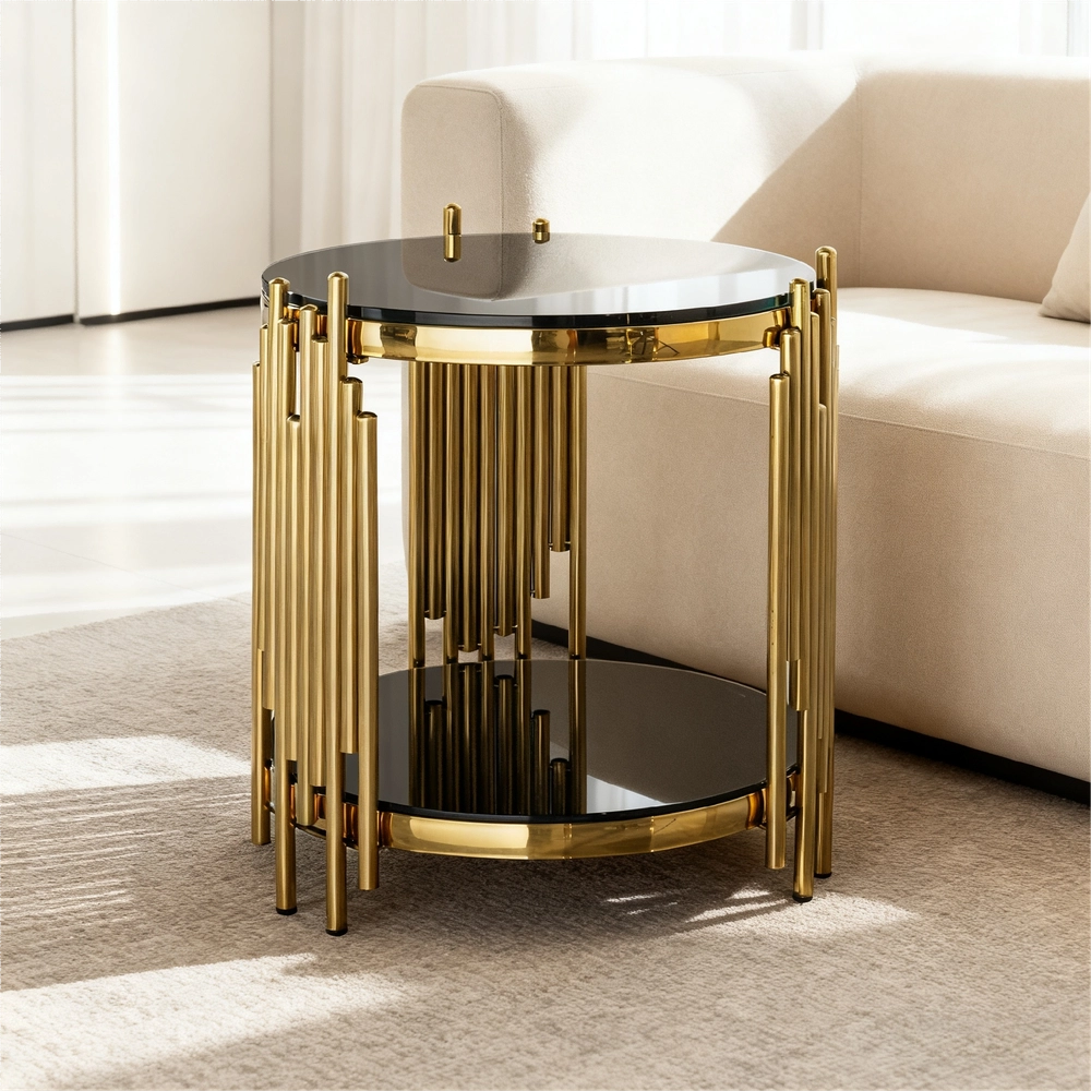 Tavolino Rotondo in Vetro per Soggiorno ¨C MINIMAL ¨C Nero/Oro, Gambe in Acciaio