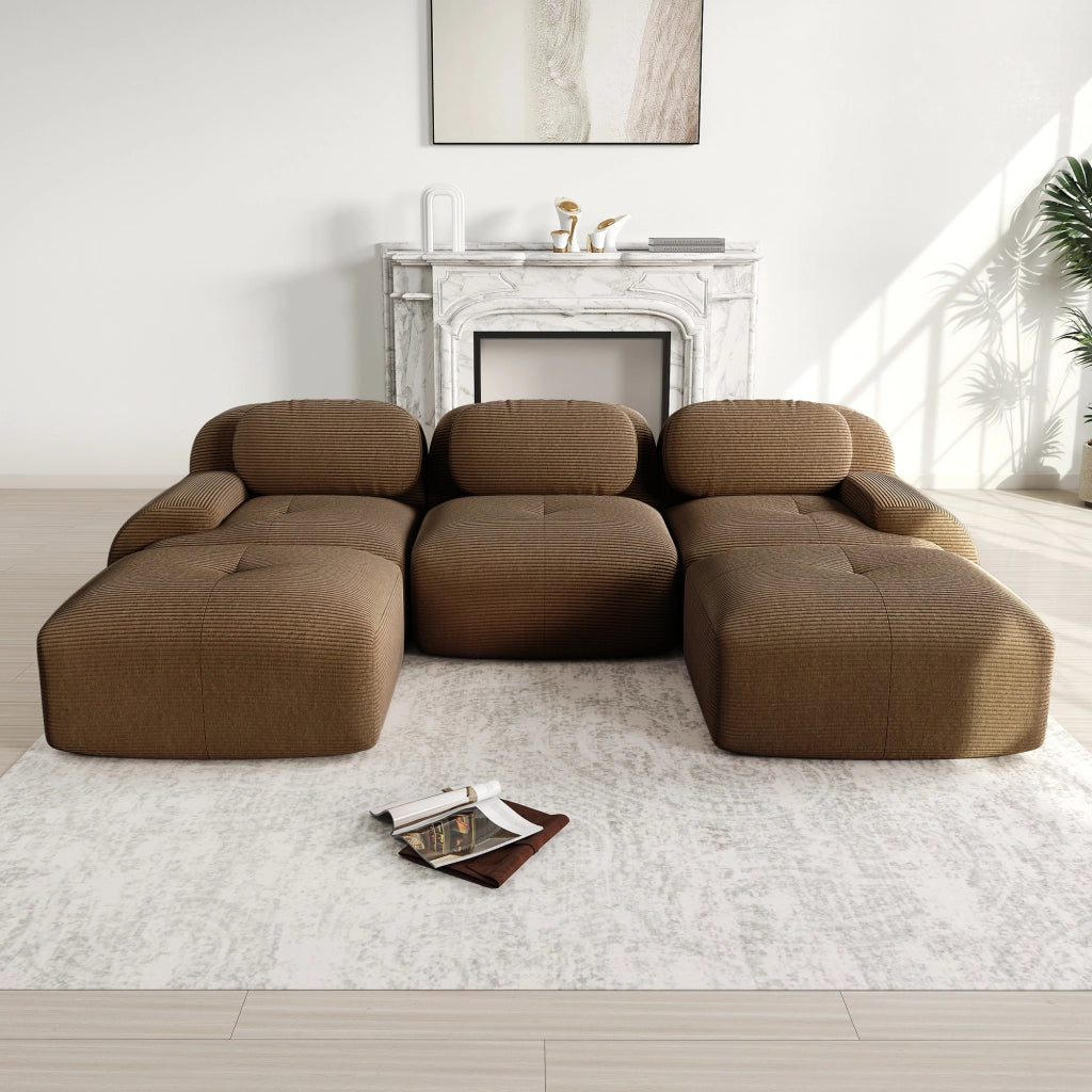 divano angolare modulare senza montaggio con design ergonomico e base antiscivolo in velluto a coste marrone
