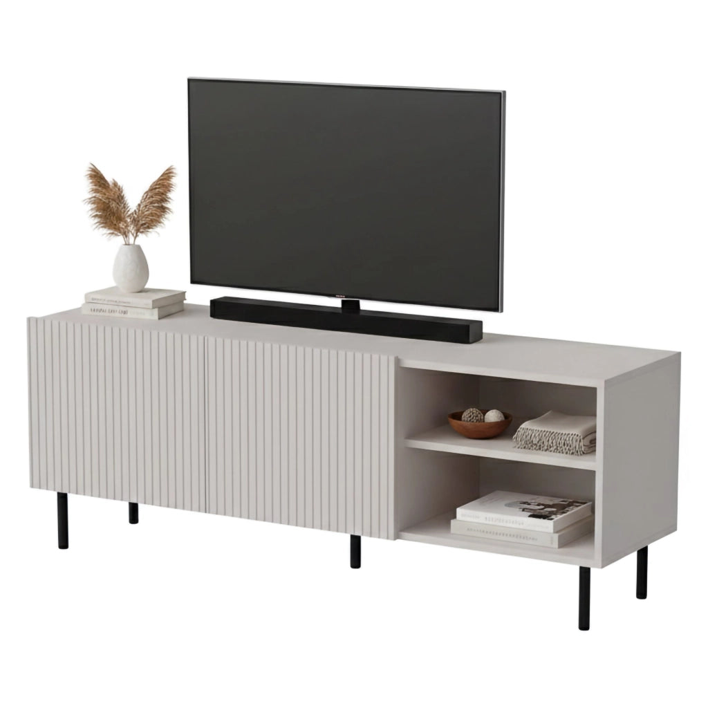 Mobile porta TV Molini, Madia da salotto con quattro ante battenti, Rialzato da terra, 150x42 h52 cm, Beige