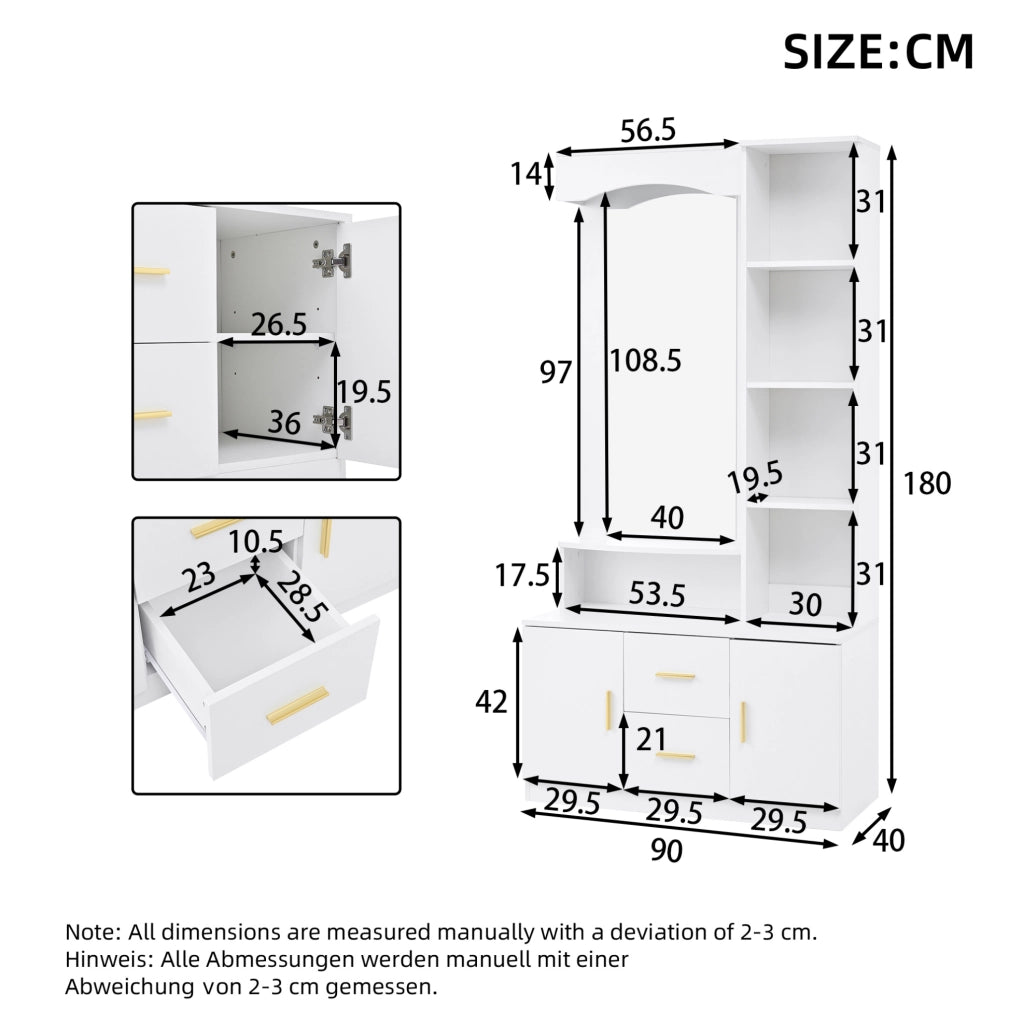 Mobile ingresso multifunzione 90x40x180 cm con specchio; 2 armadi e 2 cassetti; bianco