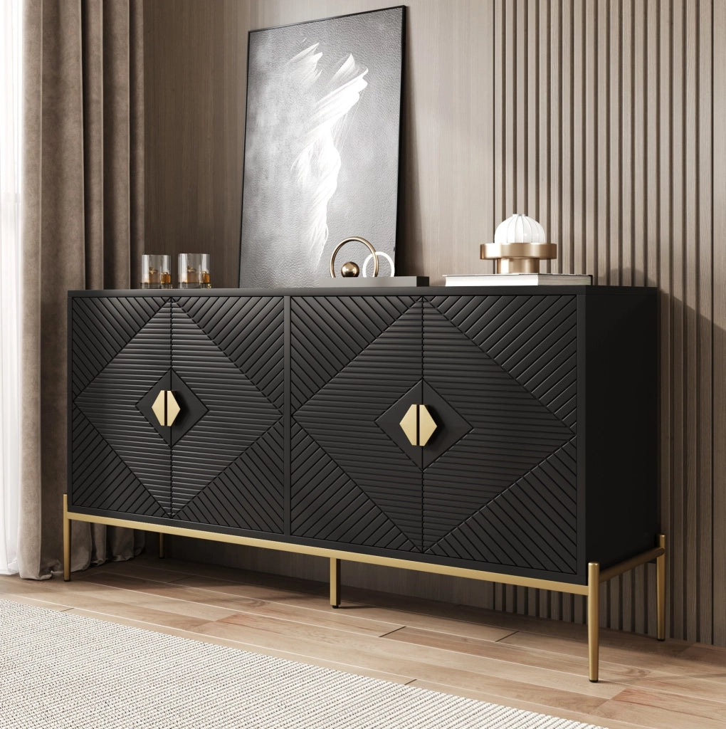 Credenza moderna a 4 ante in MDF e pannello truciolare; nera; 162 x 40 x 80 cm