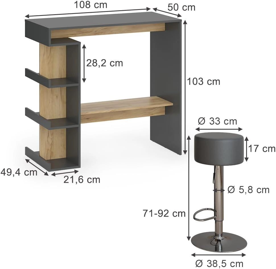 tavolo bar con sgabelli Dana, Antracite/quercia dorata, 108 x 50 cm con 2 sgabelli da bar