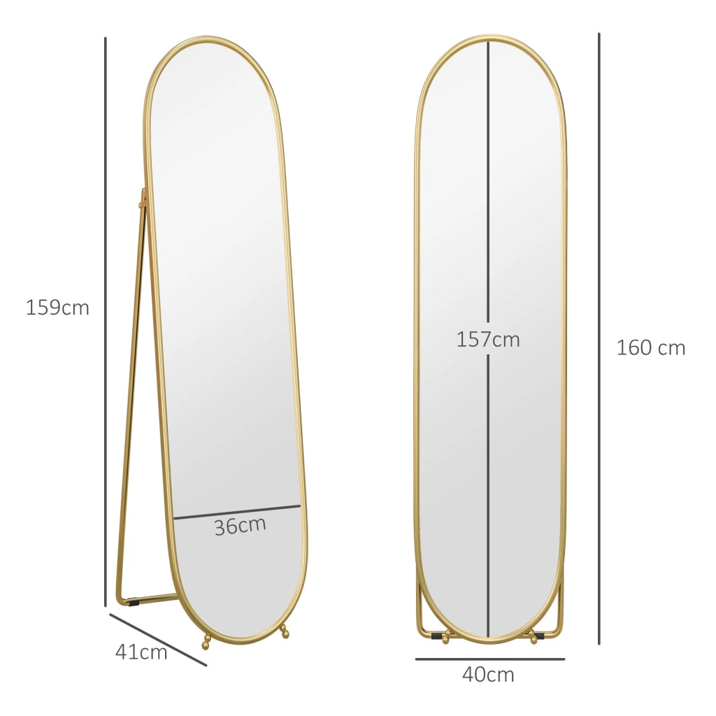 Specchio da terra ovale 160x40 cm con supporto richiudibile e telaio in metallo oro