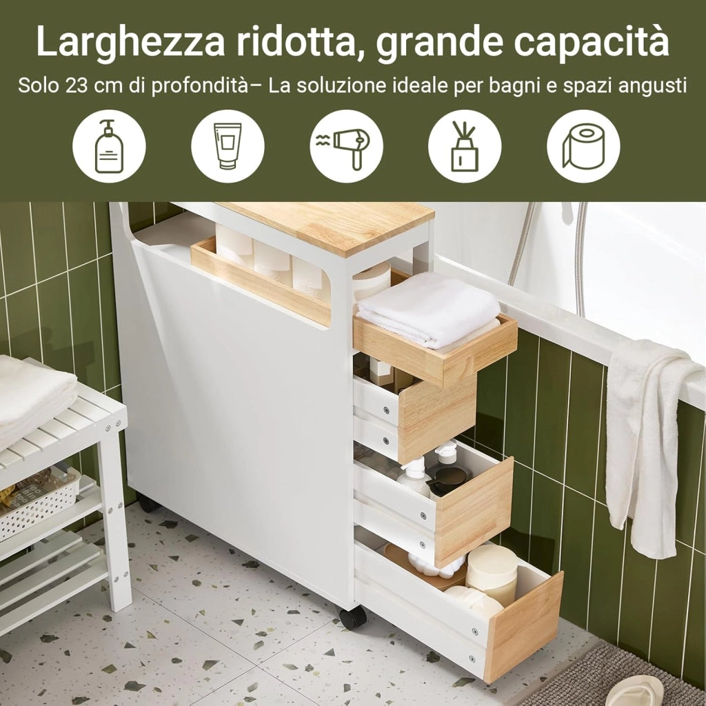 Mobile Bagno, Mobile Salvaspazio con 3 Cassetti, Ripiano in Legno e Rotelle – Mobiletti Stretti, Colonna Bagno da Terra, Struttura Resistente e Design Moderno BZR54-IV-WN