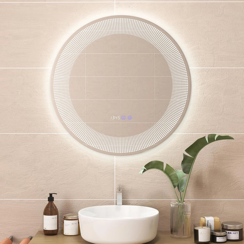 Specchio da Bagno a LED 60x60vm, Specchio Rotondo a Parete con Luci a 3 Colori, Lettura di Tempo e Temperatura, Funziona Anti-Appannamento e Impermeabile IP44, Specchio Cosmetico