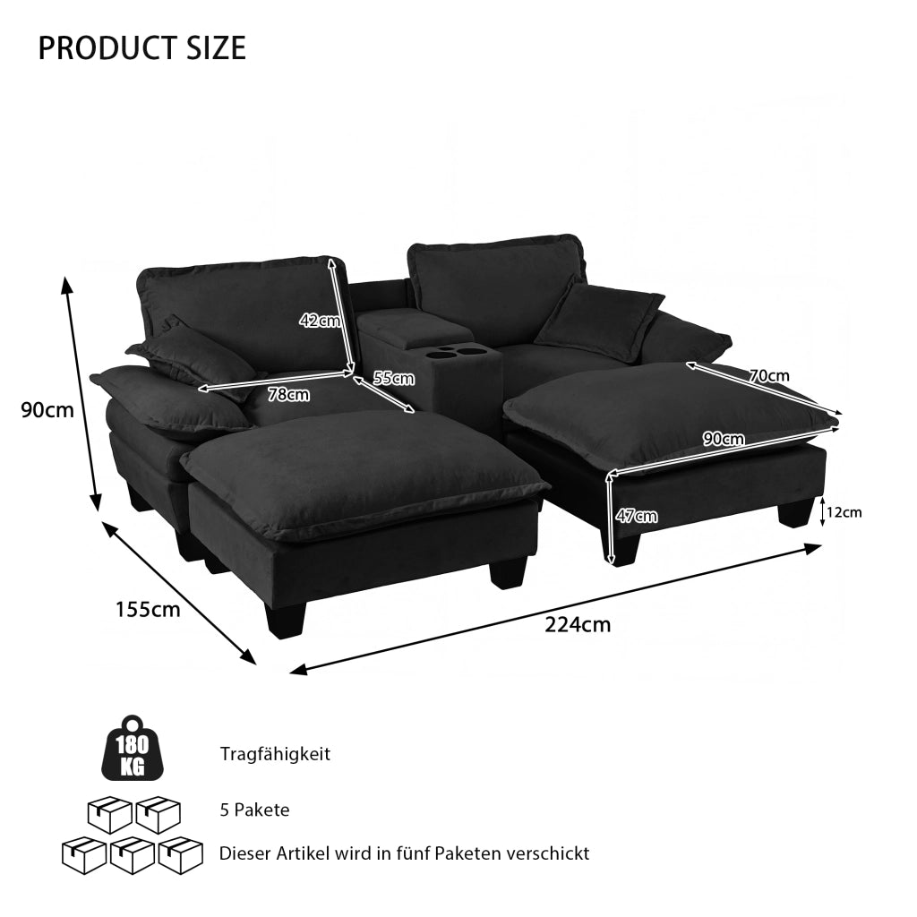 Divano modulare con contenitore USB portabicchieri 2 pouf e 2 cuscini in ciniglia nero 224×151×90 cm