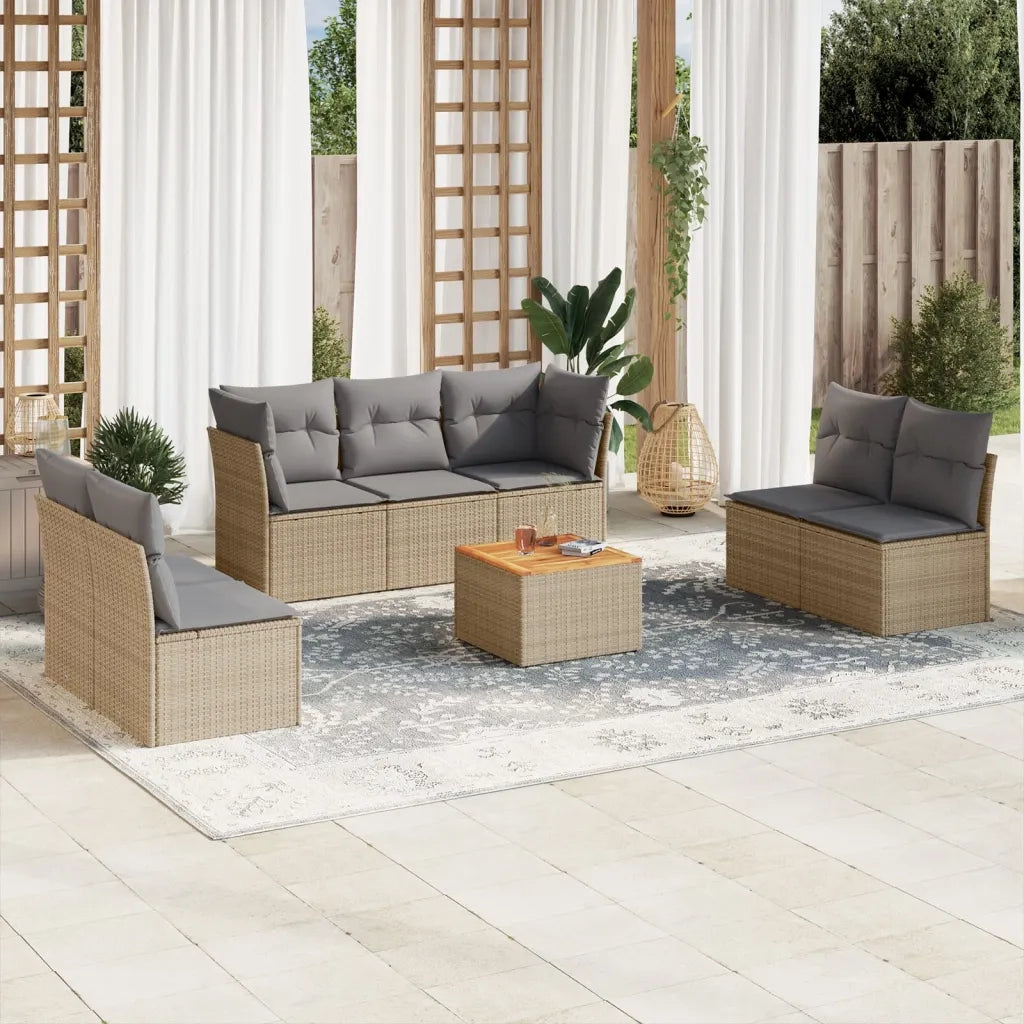 Set Divano da Giardino 8 pz con Cuscini Beige in Polyrattan