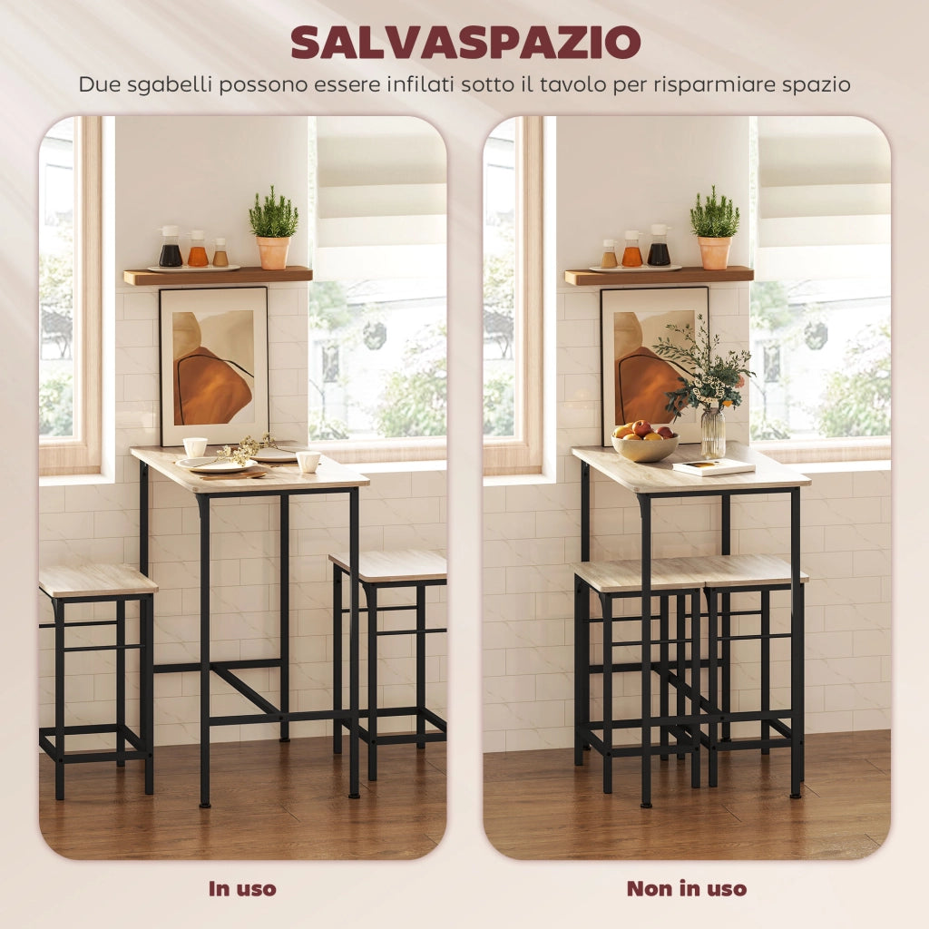 Arredamento Bar 3 Pezzi con Tavolo da Cucina e 2 Sgabelli da Bar in Legno e Acciaio, color Legno e Nero