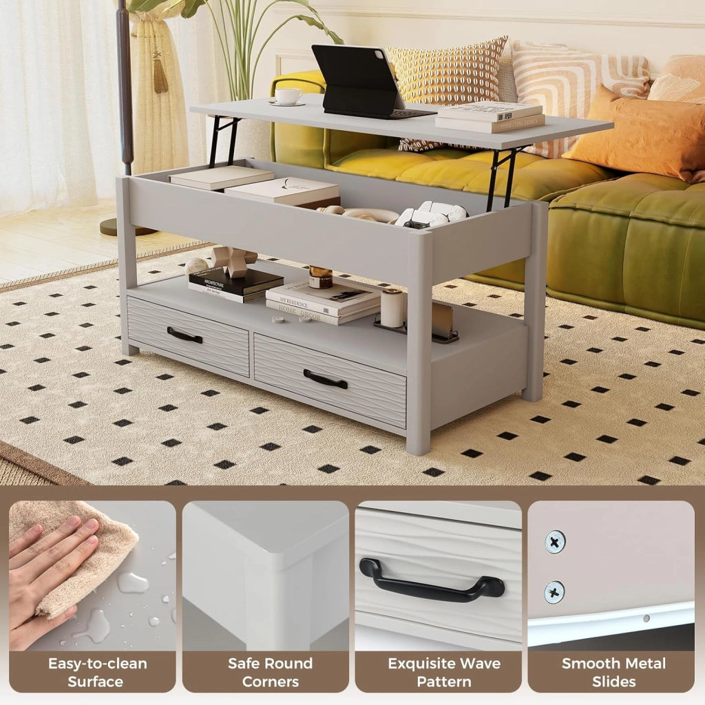 Tavolino da salotto con piano sollevabile, tavolo da salotto con 2 cassetti, ripiano aperto e vano nascosto, cassetti con motivo ondulato, 100 x 46 x 50 cm, per ufficio, camera da letto