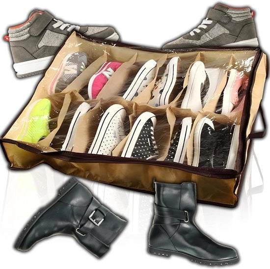 Organizzatore Premium per 12 Pair di Scarpe con Maniglie e Finestra Translucida - Borsa Multifunzionale 57x67x14cm Marrone