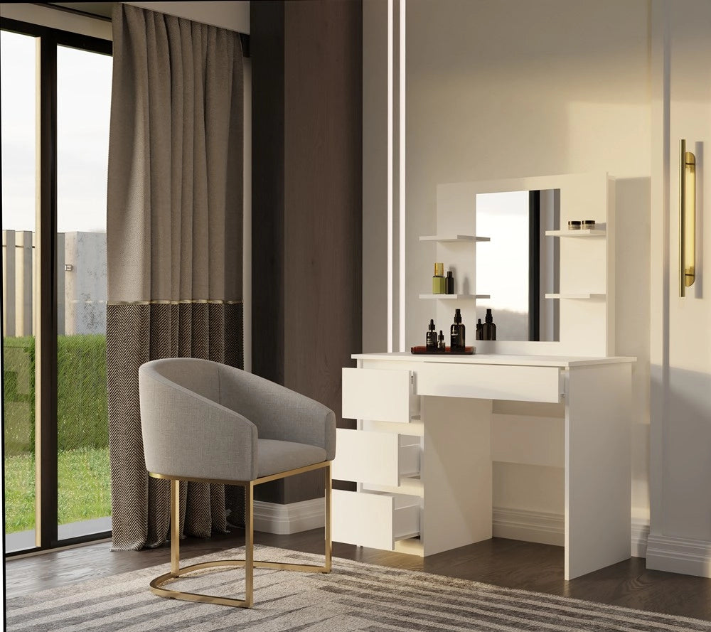 Toeletta MARINA 4p specchio MIJAS sinistro 4 cassetti 4 ripiani bianco per camera da letto