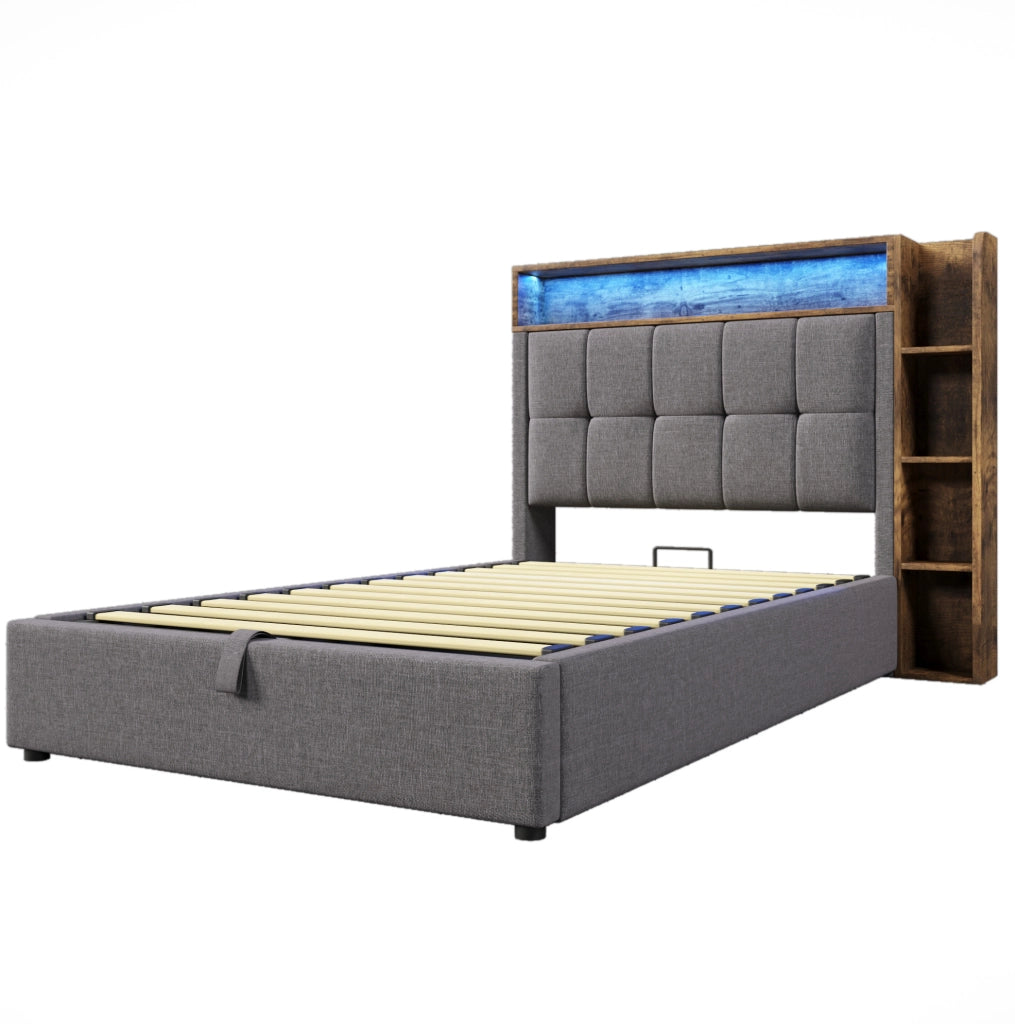Letto imbottito 90x200 cm con USB e Type-C; contenitore idraulico; LED; grigio