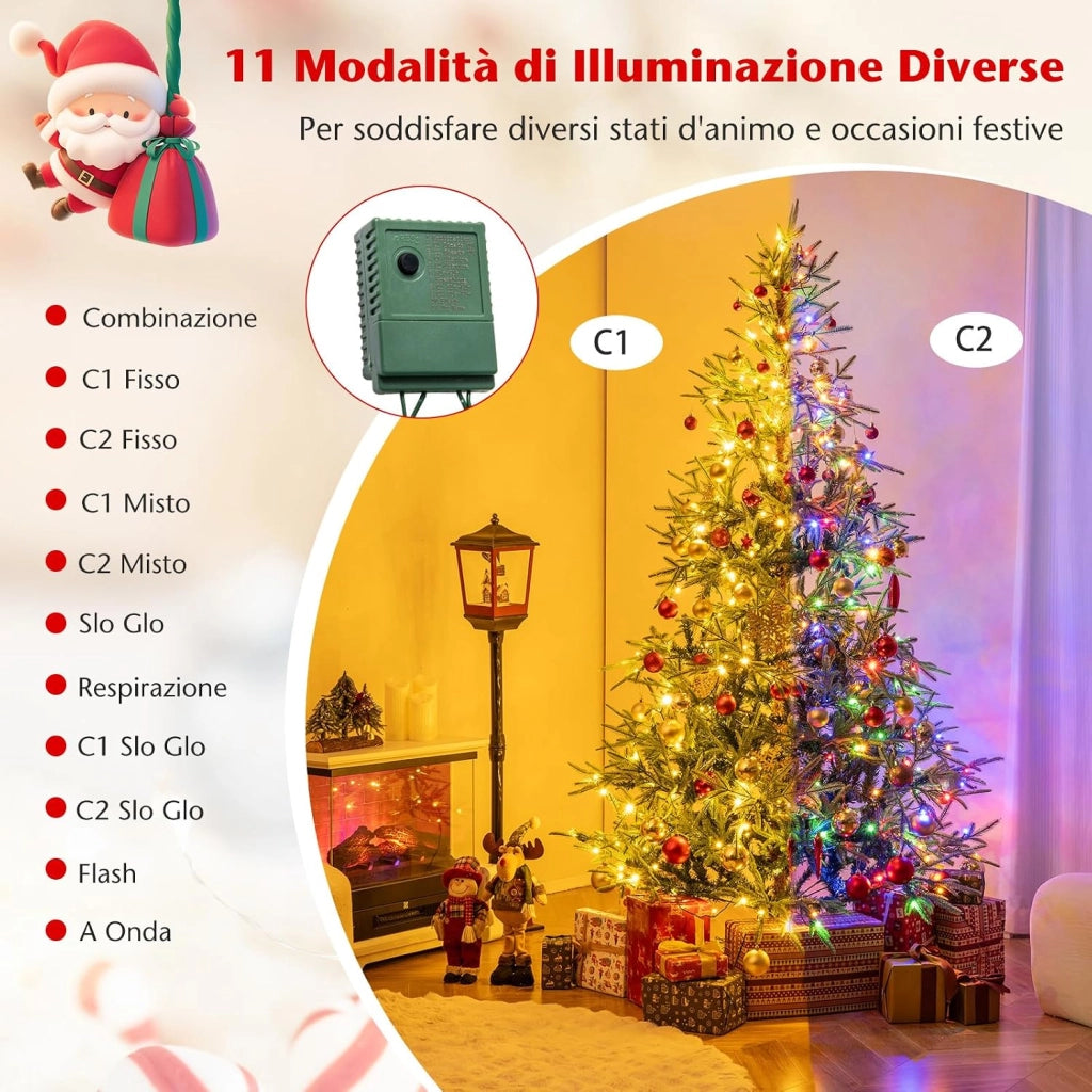 Albero di Natale Artificiale Pre-illuminato 210 cm, Albero di Natale con 300 Luci LED Calde e Multicolori, 11 Modalità, 678 Rami PVC e PE, Base Metallica Pieghevole (210 cm)