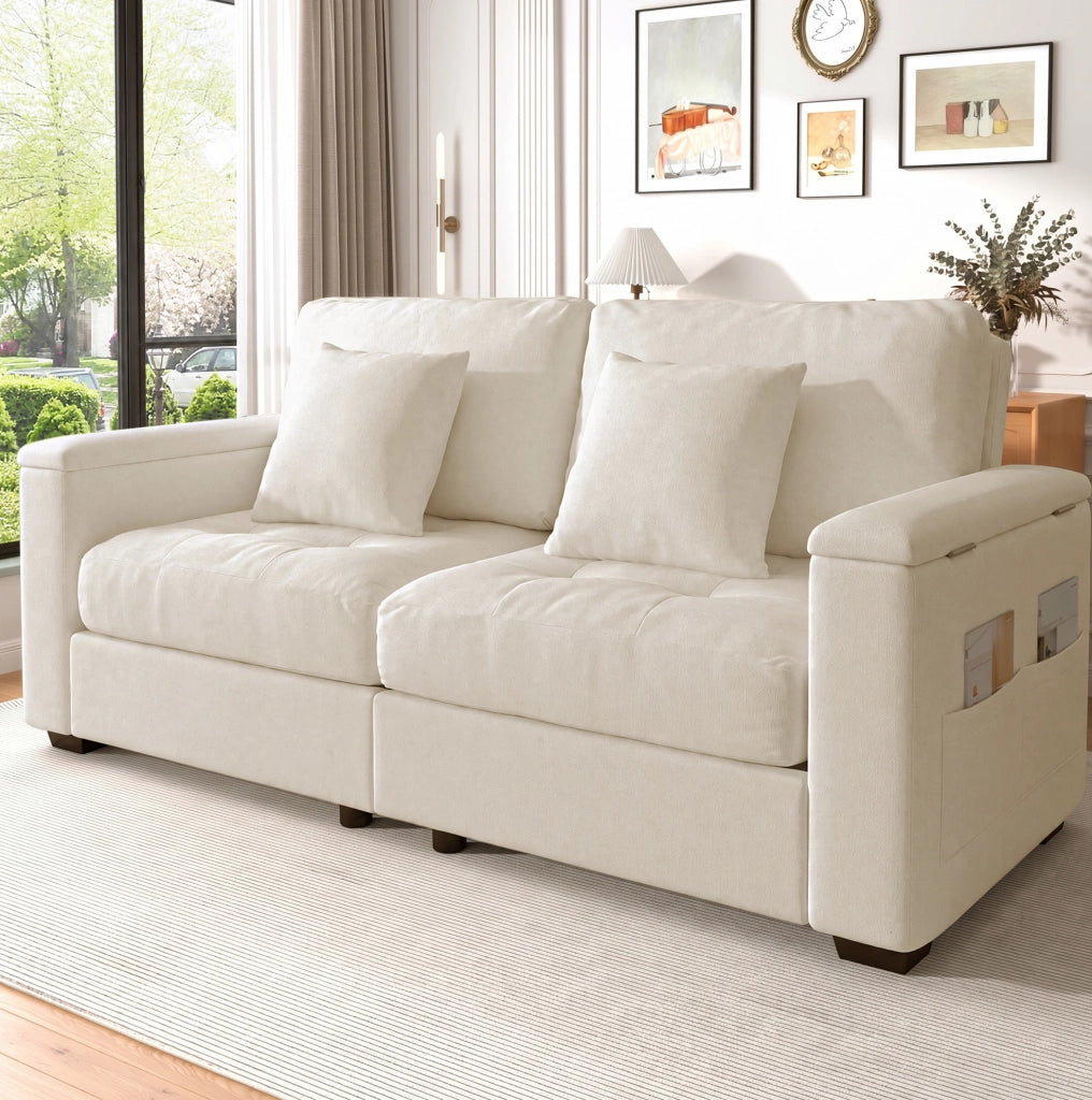 Divano 2 posti 180 cm con contenitore nei braccioli; in tessuto Chenille beige
