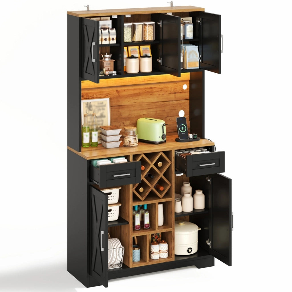 Mobile cucina alto con illuminazione LED RGB, 2 cassetti, portabottiglie estraibile e presa integrata 105x40x180 cm