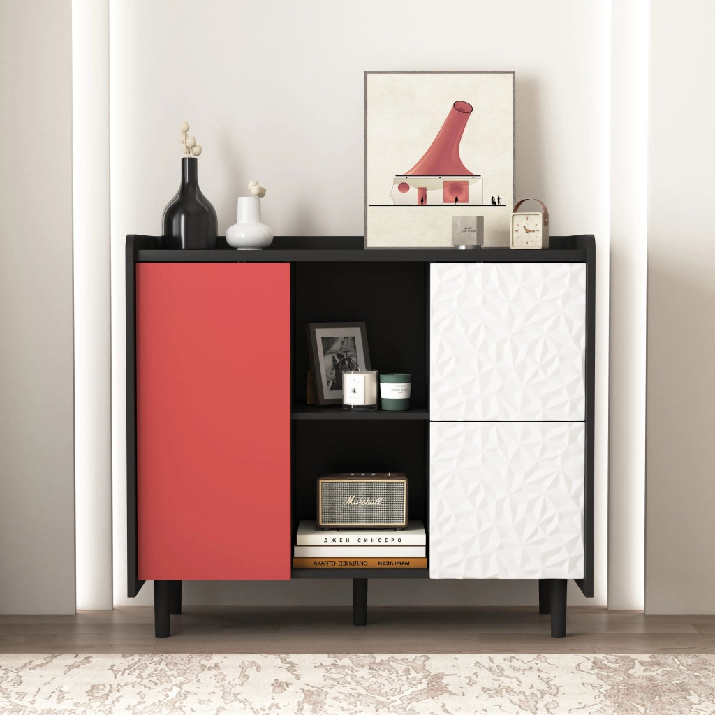 Credenza con 2 Cassetti; 2 Vani a Giorno e 2 Ante; Stile Moderno; in MDF; Nero e Rosso; 90??40??80 cm