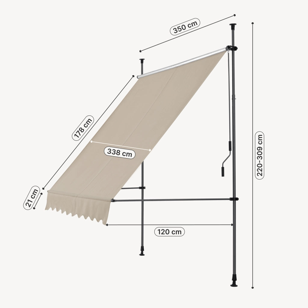 Tenda da Sole a Muro con Pali di Supporto Telescopici Parasole 350 x 120 cm (LxP) color Sabbia pro.tec