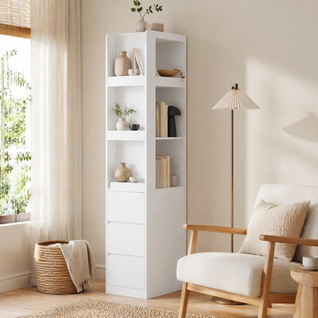 LIBRERIA stretta alta 200 cm bianca con 3 vani aperti e 3 cassetti