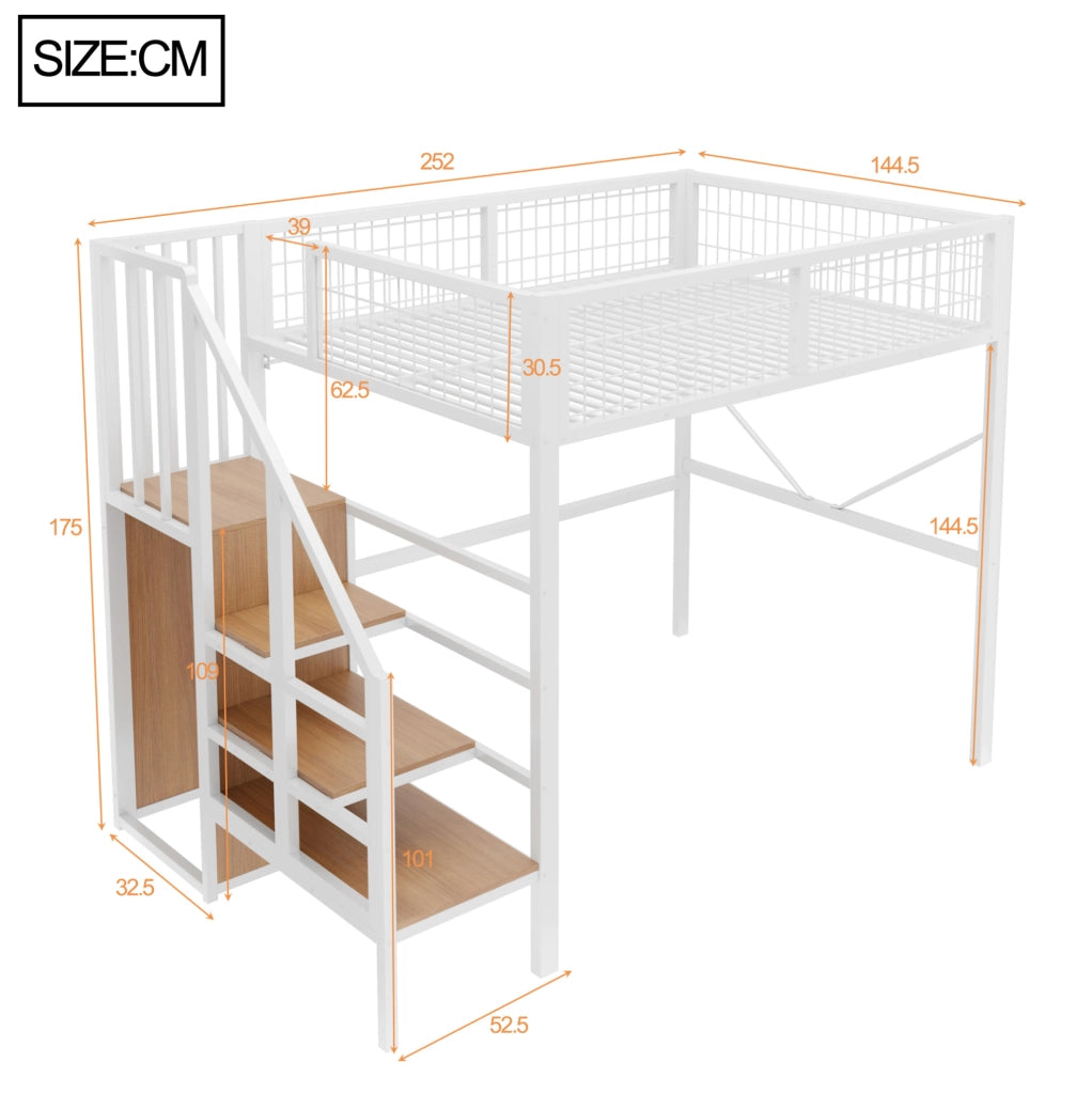 Letto a soppalco 140x200 cm con scala contenitore; LED e sponda in metallo; bianco