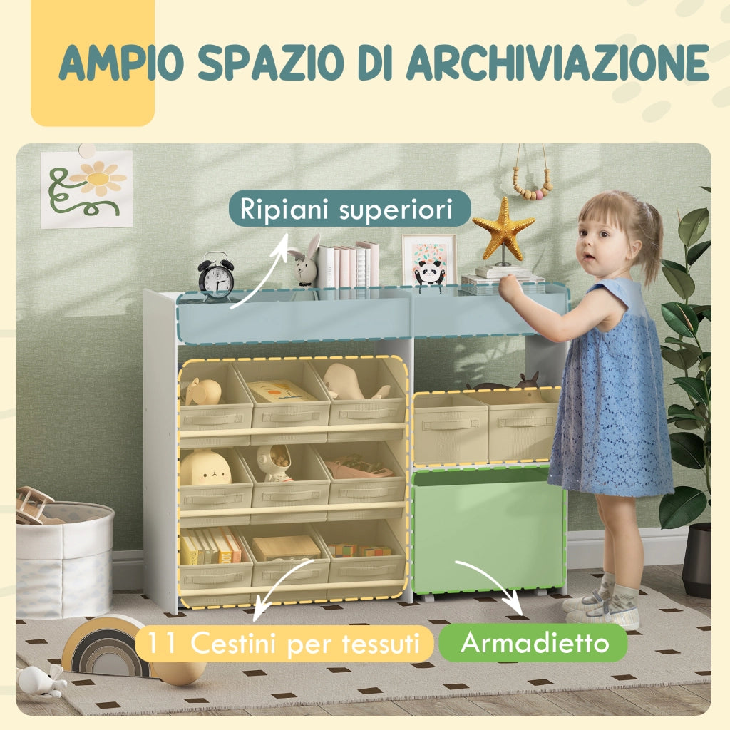 Mobile Portagiochi per Bambini con 11 Cestini in Tessuto, Armadietto e Ripiani, 105x30x80 cm, Bianco