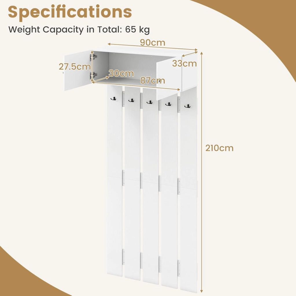 Appendiabiti 2 in 1, appendiabiti da parete con armadio a 2 ante, 5 ganci doppi, design compatto, 90 x 33 x 210 cm, per corridoio, ingresso, camera da letto, bagno (bianco)