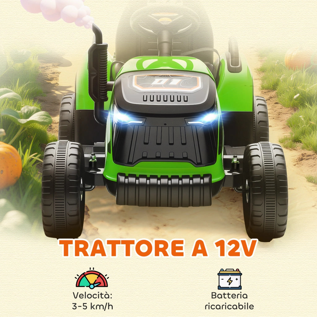 Trattore Elettrico per Bambini 12V con Rimorchio Staccabile 139x58x55 cm e Telecomando Verde