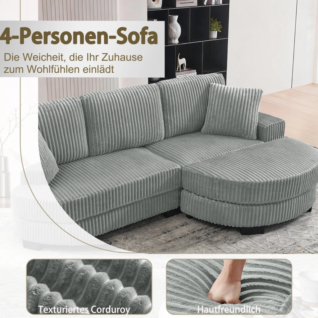 Divano Angolare 4 Posti con Poggiapiedi ¨C MINIMAL ¨C Tessuto Velluto a Coste Grigio, 256x134x89 cm