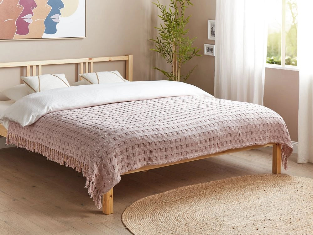 Copriletto in tessuto di cotone rosa chiaro 150 x 200 cm con frange Coperta decorativa Biancheria da letto design classico Camera da letto