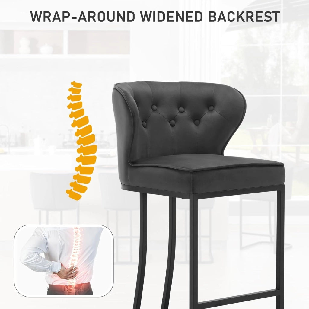 Set di 4 Sgabelli da Bar con Schienale, Sedie Sala da Pranzo con Poggiapiedi, Sedie Ergonomica per Cucina, Camera da Letto, Sgabelli in Velluto e Gambe in Metallo, Grigio Scuro, BH383dgr-4