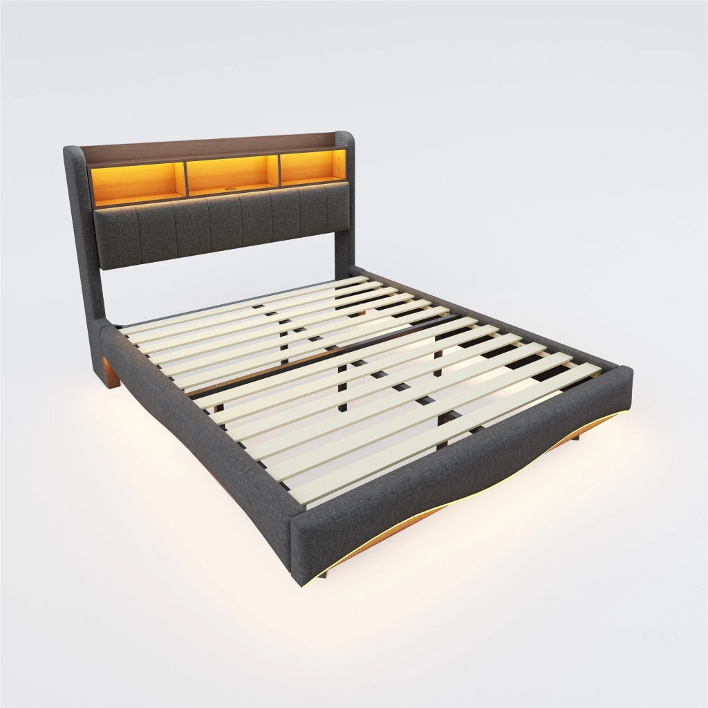 OKWISH Letto Imbottito 160×200 cm, Letto Matrimoniale con LED Regolabile, USB, Type C e Vano Testiera, senza Materasso, Grigio