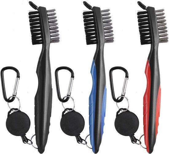 Set di 3 Borsette a Golf con Pulitore a Doppia Faccia in Acciaio Inox e Nylon con Anello di Carica