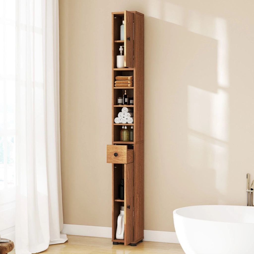 Armadio da bagno alto-Mobiletto da bagno slim con 1 cassetto di stoccaggio, Armadio da bagno 5 ripiani regolabili struttura antiscivolo Legno naturale