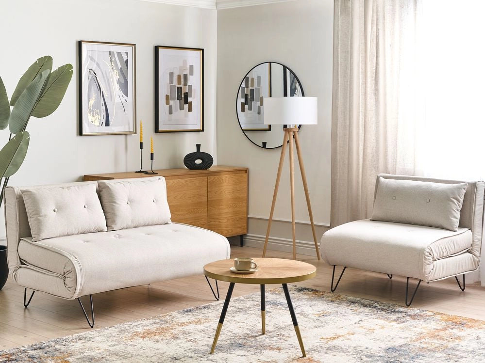 Set da salotto 3 posti con cuscini in tessuto beige chiaro con cuscini stile moderno