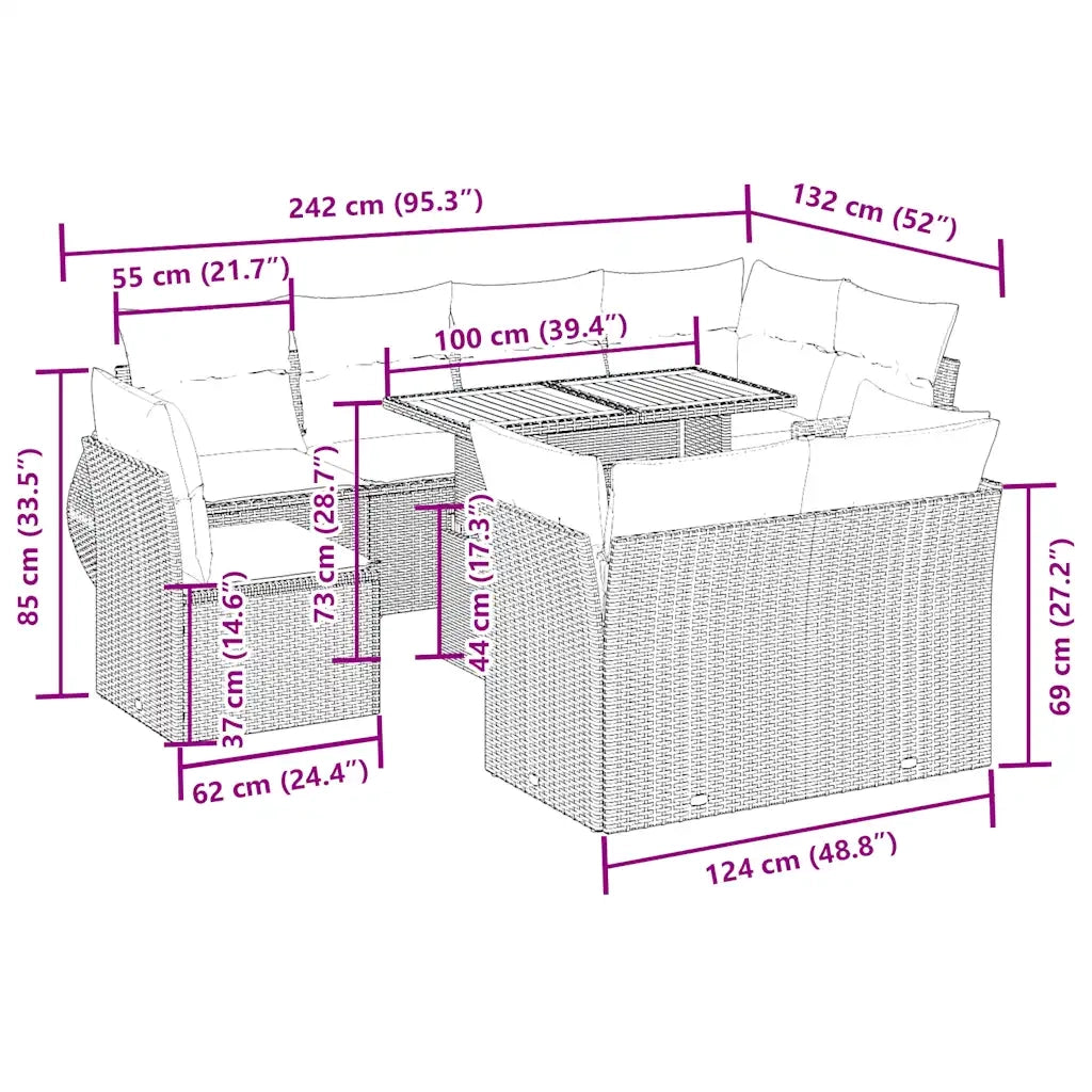 Set Divano da Giardino 9 pz con Cuscini Beige in Polyrattan 3272290