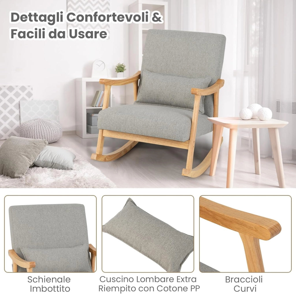 Sedia a Dondolo con Cuscino, Poltrona Dondolo Interno Ergonomica con Schienale Alto, Seduta Imbottito, in Legno di Gomma, per Soggiorno e Camera da Letto (Grigio)