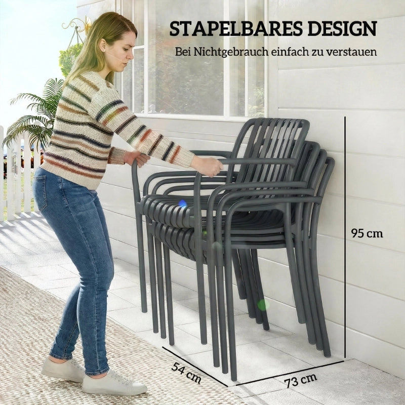 Set di 4 sedie da giardino impilabili con braccioli, design a lamelle, grigio scuro