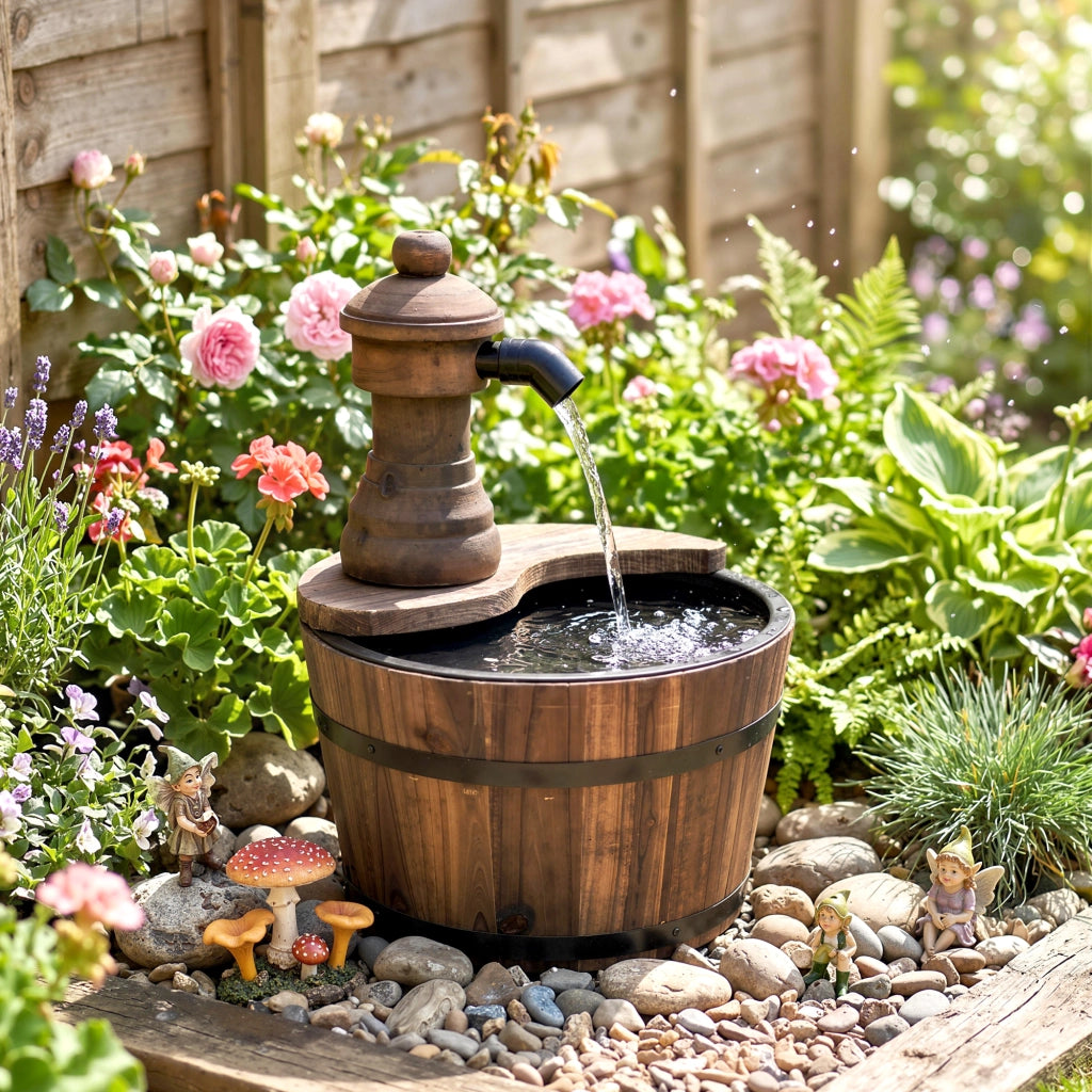 Fontana da Giardino in Legno a Cascata con Pompa Elettrica ¨C Minimal ¨C 27x27x37 cm Naturale
