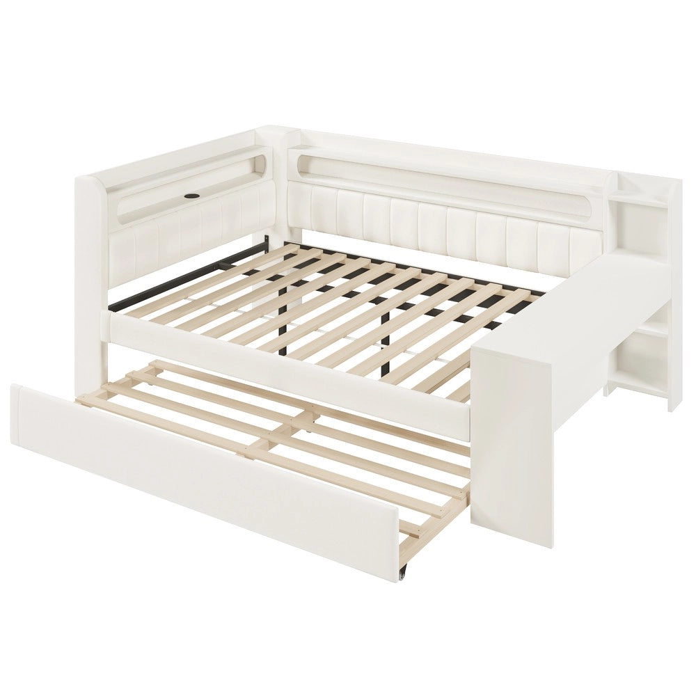 Letto Imbottito con Letto Estraibile e Scrivania ¨C MINIMAL ¨C Bianco, LED, USB, 140x200